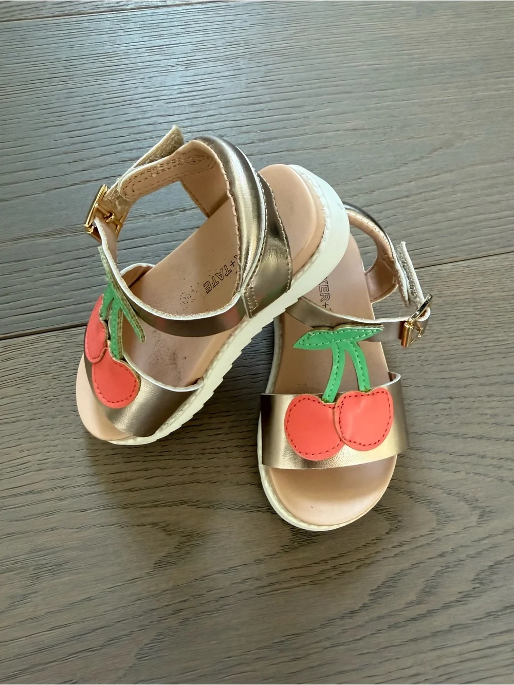 Tucker + Tate Gold Sandals with Pink Cherry Appliqués